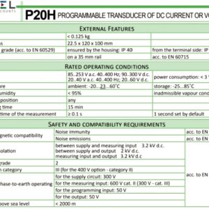 Dữ liệu hoạt động của bộ transducer model P20H Lumel - Ba Lan.
