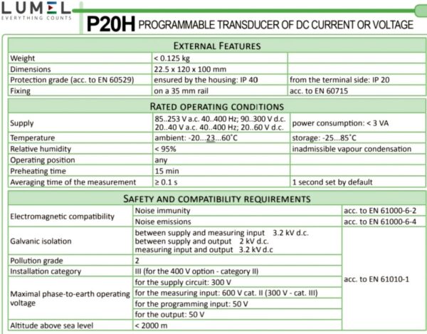 Dữ liệu hoạt động của bộ transducer model P20H Lumel - Ba Lan.