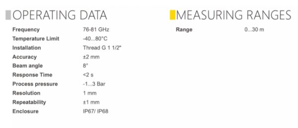 Một số thông số kỹ thuật của sensor LPRS80 Desta - Thổ Nhĩ Kỳ.