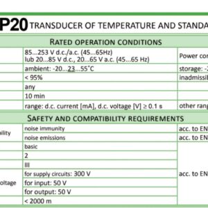 Thông số kỹ thuật cơ bản của bộ chuyển đổi can nhiệt K mã P20 Lumel.