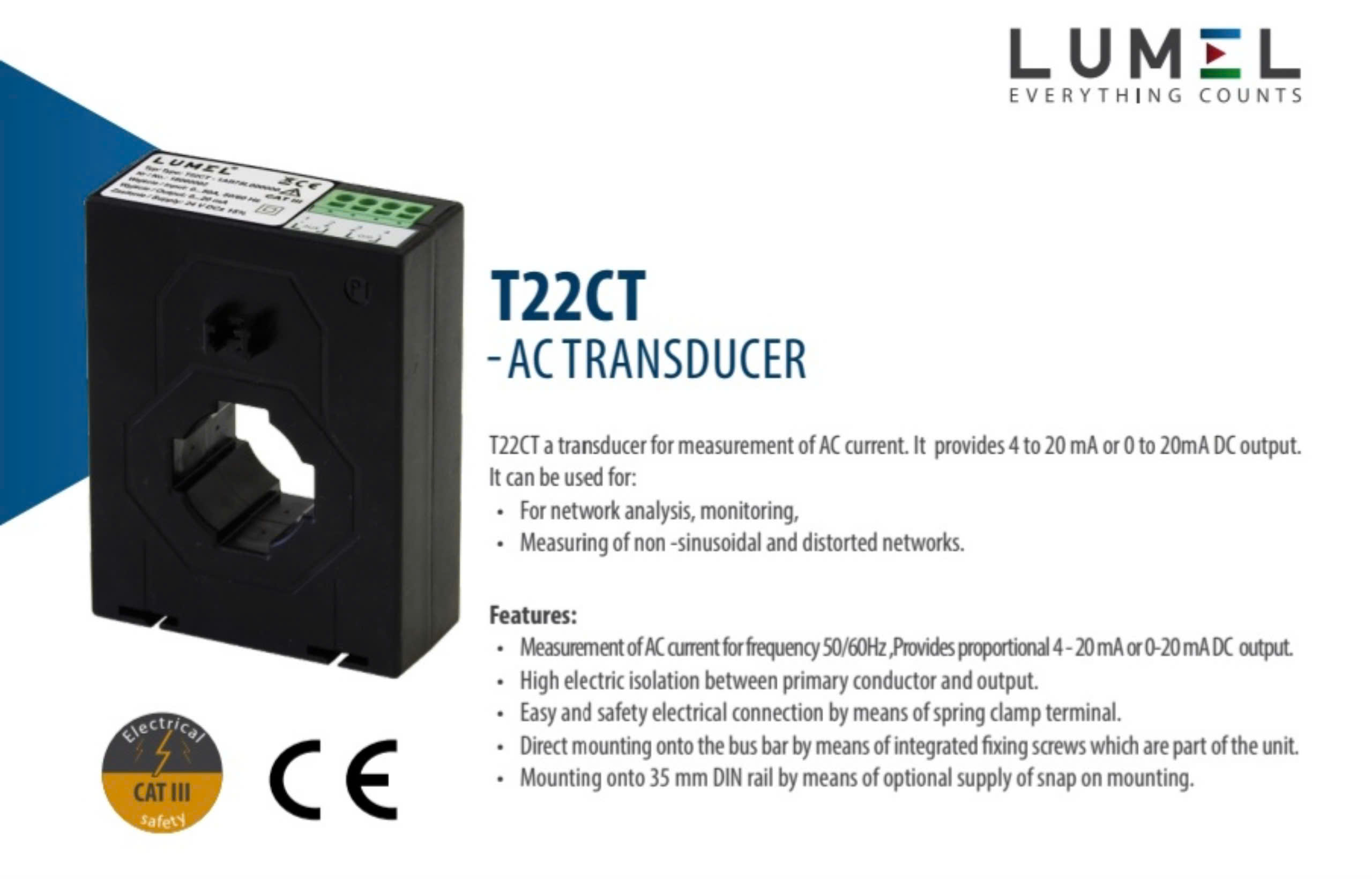 CT dòng analog 4-20mA model T22CT Lumel - Ba Lan.