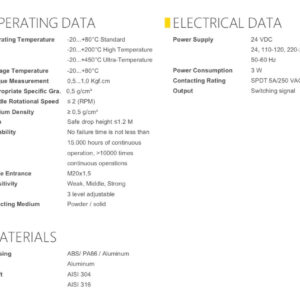 Thông số kỹ thuật của cảm biến báo mức dạng xoay SRP20 Desta.